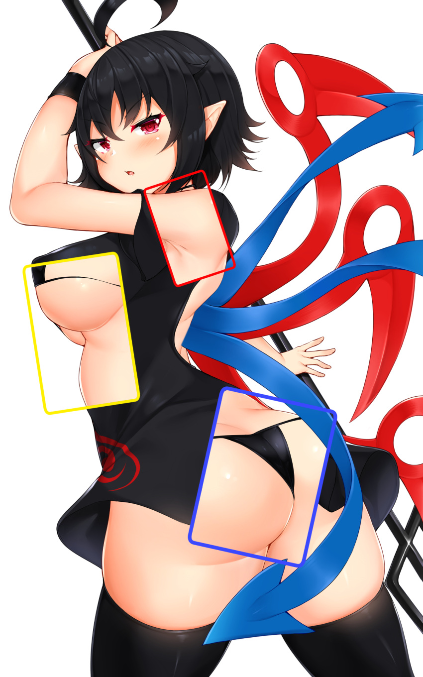 1girl ahoge arm_up ass asymmetrical_wings bangs bare_shoulders black_bra black_dress black_hair black_legwear black_panties blue_wings blush bra breasts commentary_request cowboy_shot dress eyebrows_visible_through_hair hair_between_eyes highres holding holding_weapon houjuu_nue large_breasts looking_at_viewer micro_bra microdress panties parted_lips pointy_ears polearm red_eyes red_wings short_hair simple_background solo standing thighhighs thighs tokoya_(ex-hetare) touhou trident underwear weapon white_background wings wristband