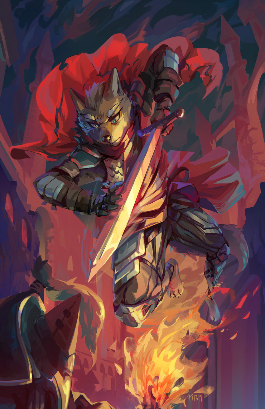 2019 action_pose anthro armor canid canine canis cape cercat clothing fire fur grey_body grey_fur hi_res holding_object holding_sword holding_weapon mammal melee_weapon midair pose signature sword weapon wolf