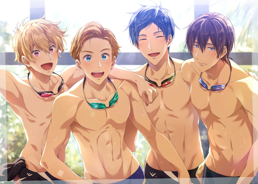 4boys :d ^_^ ^o^ abs arm_around_shoulder armpits blue_eyes blue_hair blurry blurry_background brown_hair closed_eyes closed_mouth collarbone competition_swimsuit day depth_of_field forehead framed free! goggles goggles_around_neck groin hand_on_another's_back hand_on_another's_shoulder hayafune_romio hazuki_nagisa isurugi_shizuru jammers light_brown_hair looking_at_viewer male_focus male_swimwear multiple_boys navel no_eyewear no_nipples one-piece_swimsuit open_mouth palm_tree pectorals pink_eyes poolside round_teeth ryuugazaki_rei shirtless smile stomach swim_briefs swimsuit swimwear teeth toned toned_male tree upper_body upper_teeth wet wet_hair window zattape