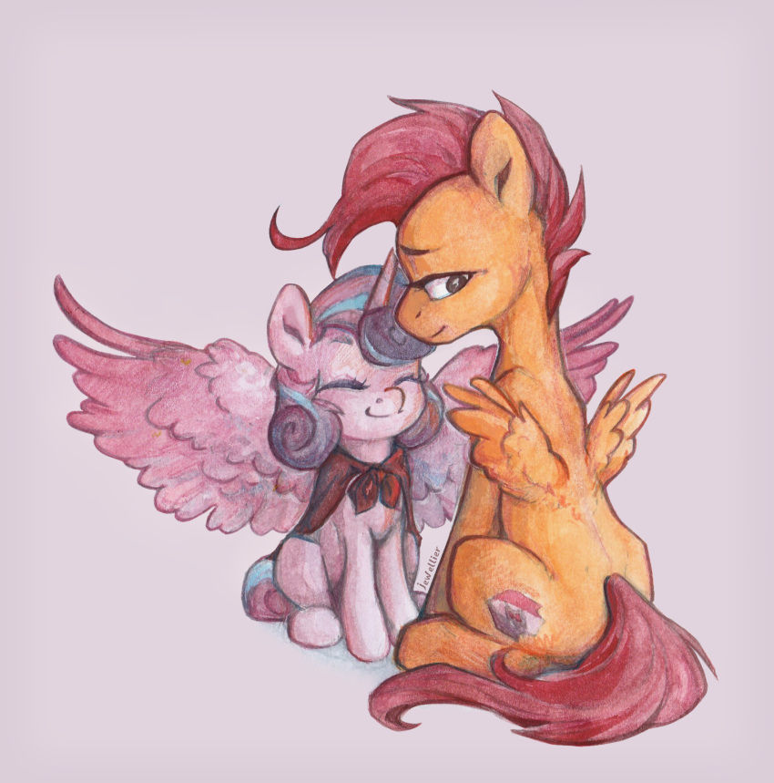 aged_up big_wings cape clothing cutie_mark cutie_mark_crusaders_(mlp) disappointed duo equid equine female feral flurry_heart_(mlp) friendship_is_magic hi_res horn jewellier_(artist) looking_away mammal my_little_pony pegasus scootaloo_(mlp) small_wings smile winged_unicorn wings