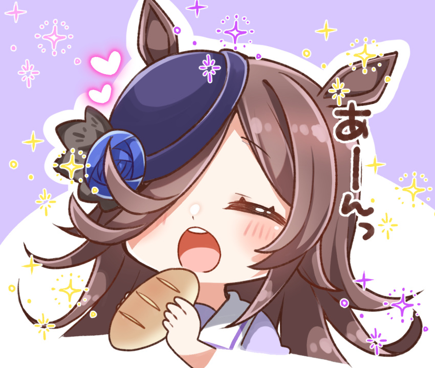 1girl :o animal_ears bangs blue_flower blue_headwear blue_rose blush bread brown_hair chibi closed_eyes commentary_request cropped_torso eyebrows_visible_through_hair facing_viewer flower food hair_over_one_eye hat hat_flower heart holding holding_food horse_ears jako_(jakoo21) long_hair open_mouth puffy_sleeves purple_background purple_shirt rice_shower rose shirt solo sparkle tilted_headwear two-tone_background umamusume upper_body upper_teeth white_background