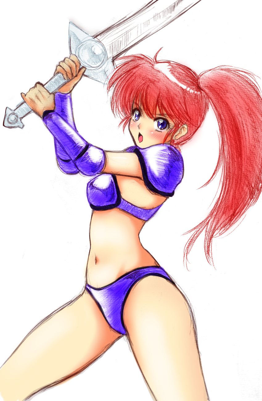 1girl absurdres armor arms_up asagiri_youko bikini bikini_armor blue_bikini blue_eyes blush breasts fighting_stance genmu_senki_leda highres legs legs_apart long_hair nanao_futaba navel open_mouth pauldrons red_hair shoulder_armor side_ponytail simple_background sketch solo swimsuit sword thighs traditional_media vambraces weapon white_background