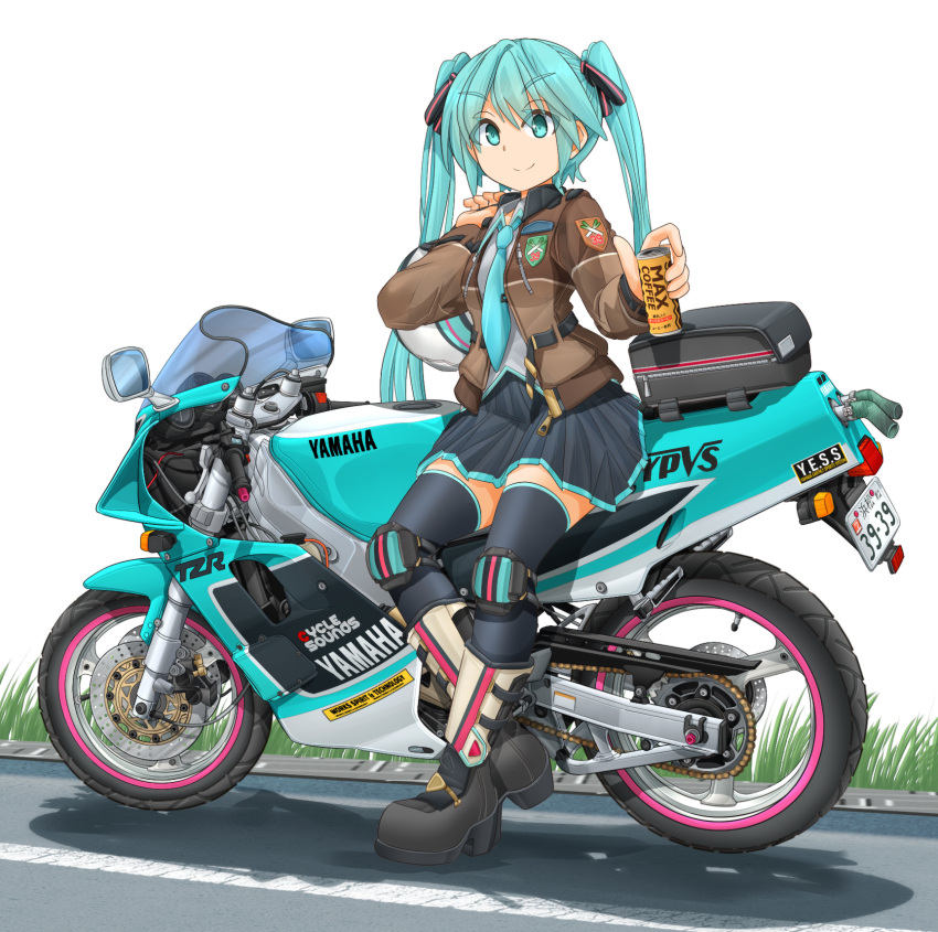 1girl aqua_eyes aqua_hair aqua_neckwear bangs black_ribbon blouse blue_legwear blue_skirt boots brown_jacket can closed_mouth collared_blouse commentary_request emblem english_text eyebrows_visible_through_hair grey_blouse ground_vehicle hair_ribbon hatsune_miku headwear_removed helmet helmet_removed highres holding holding_can holding_helmet jacket knee_pads logo long_hair looking_at_viewer mikeran_(mikelan) miniskirt motor_vehicle motorcycle motorcycle_helmet necktie open_clothes open_jacket partial_commentary pleated_skirt ribbon sitting skirt smile soda_can solo spring_onion thighhighs twintails very_long_hair vocaloid white_background white_footwear wing_collar yamaha yamaha_tzr250r