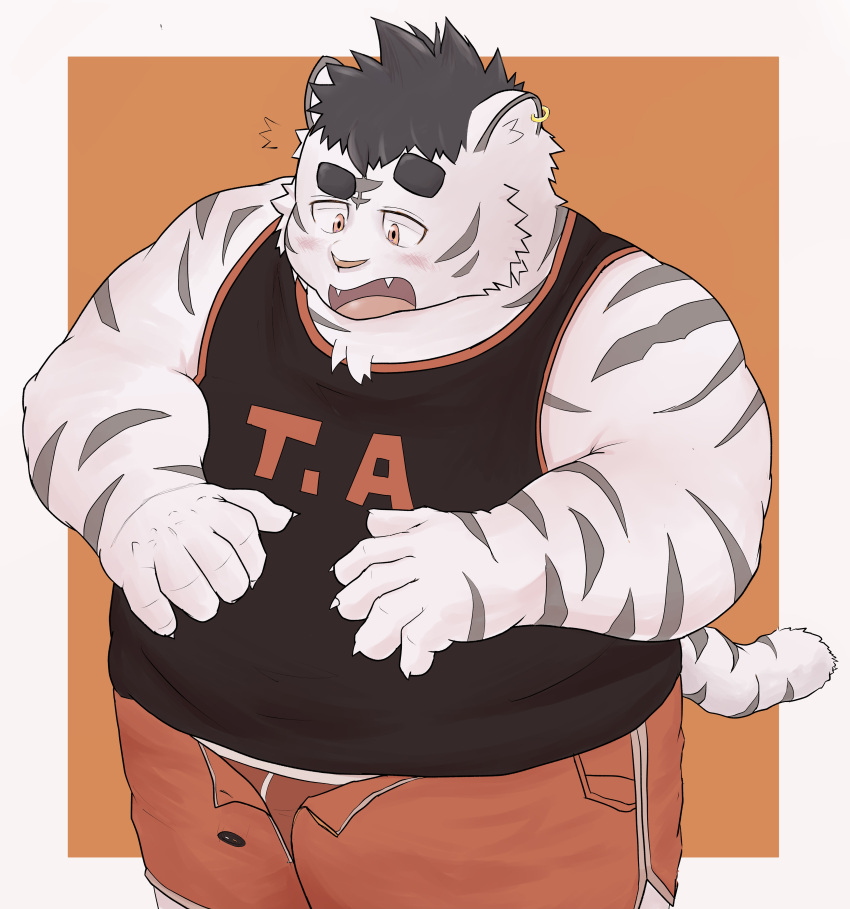 2021 absurd_res anthro blush bottomwear clothing felid fur hi_res humanoid_hands kemono male mammal overweight overweight_male pantherine sakisukem shirt shorts solo tiger topwear underwear white_body white_fur