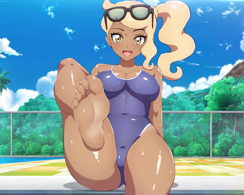 1girl :d alternate_skin_color barefoot blonde_hair blue-senpai blush breasts cloud commentary covered_navel dark_skin dark_skinned_female day eyelashes eyewear_on_head feet large_breasts leg_up long_hair looking_at_viewer one-piece_swimsuit open_mouth outdoors palm_tree pokemon pokemon_(game) pokemon_swsh pool shiny shiny_hair shiny_skin shiny_swimsuit side_ponytail sitting sky smile soles solo sonia_(pokemon) sunglasses swimsuit tiles toes tongue tree water yellow_eyes