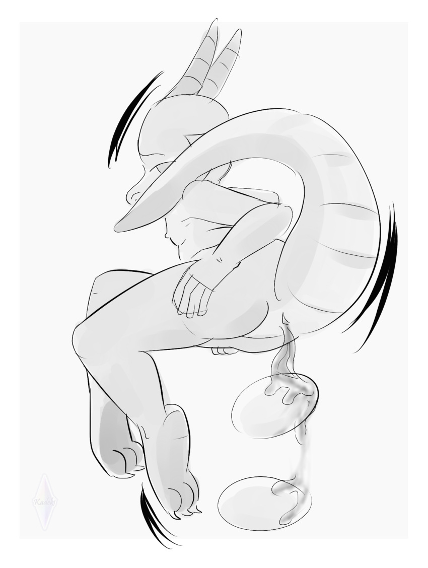 anthro breasts butt digital_drawing_(artwork) digital_media_(artwork) dragon egg egg_in_ass egg_insertion female flat_chested hi_res hold_ass horn kadeki kobold looking_back monochrome nipples nude reptile scales scalie simple_background sitting solo tinted