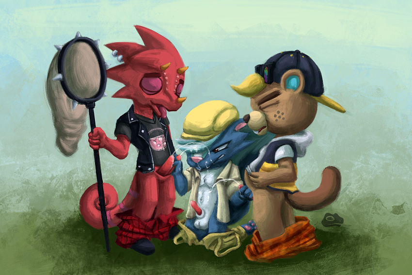 animal_crossing animal_genitalia anthro balls beaver bodily_fluids buckteeth c.j._(animal_crossing) chameleon clothed clothing cum erection flat_cap flick_(animal_crossing) genital_fluids genitals group group_sex handjob hat headgear headwear hi_res horn kicks_(animal_crossing) kneeling lizard male male/male mammal mephitid nintendo orgasm pants_down partially_clothed penile penis red_body reptile rodent scalie sex simple_background skunk stilioweirdo teeth threesome trio video_games