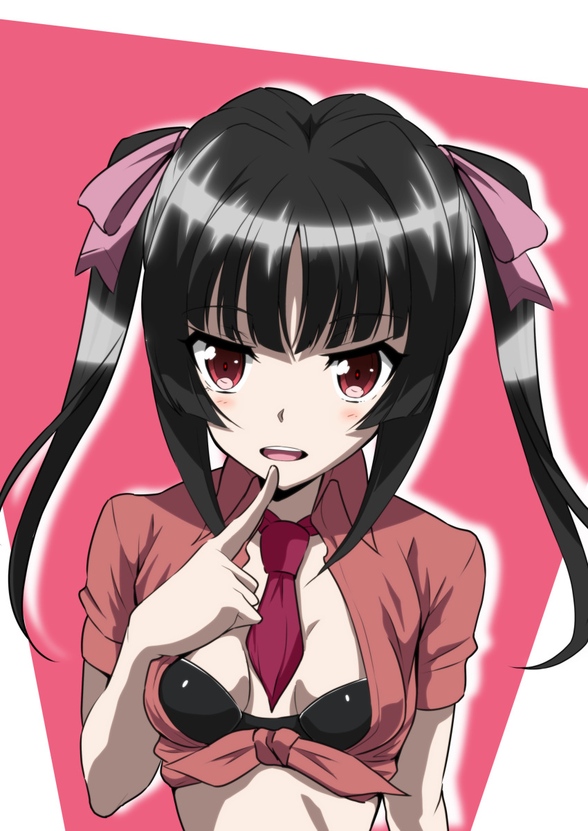 1girl absurdres black_bra black_hair blush bra breasts eyebrows_visible_through_hair finger_to_mouth hair_ornament hair_ribbon highres koyasu_kazu looking_at_viewer necktie open_mouth pink_background pink_neckwear red_eyes ribbon senki_zesshou_symphogear shiny shiny_hair simple_background small_breasts smile solo teeth tsukuyomi_shirabe twintails two-tone_background underwear upper_body upper_teeth white_background