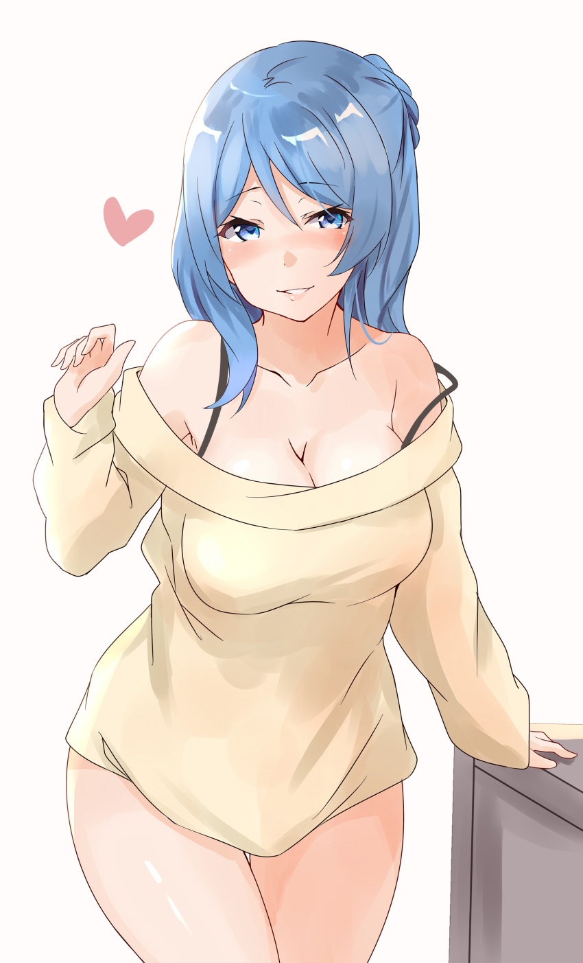 1girl absurdres beige_background blue_eyes blue_hair blush breasts cleavage collarbone cowboy_shot highres kantai_collection large_breasts long_hair long_sleeves looking_at_viewer off-shoulder_shirt off_shoulder open_mouth saku_(kudrove) shirt simple_background smile solo urakaze_(kancolle) yellow_shirt