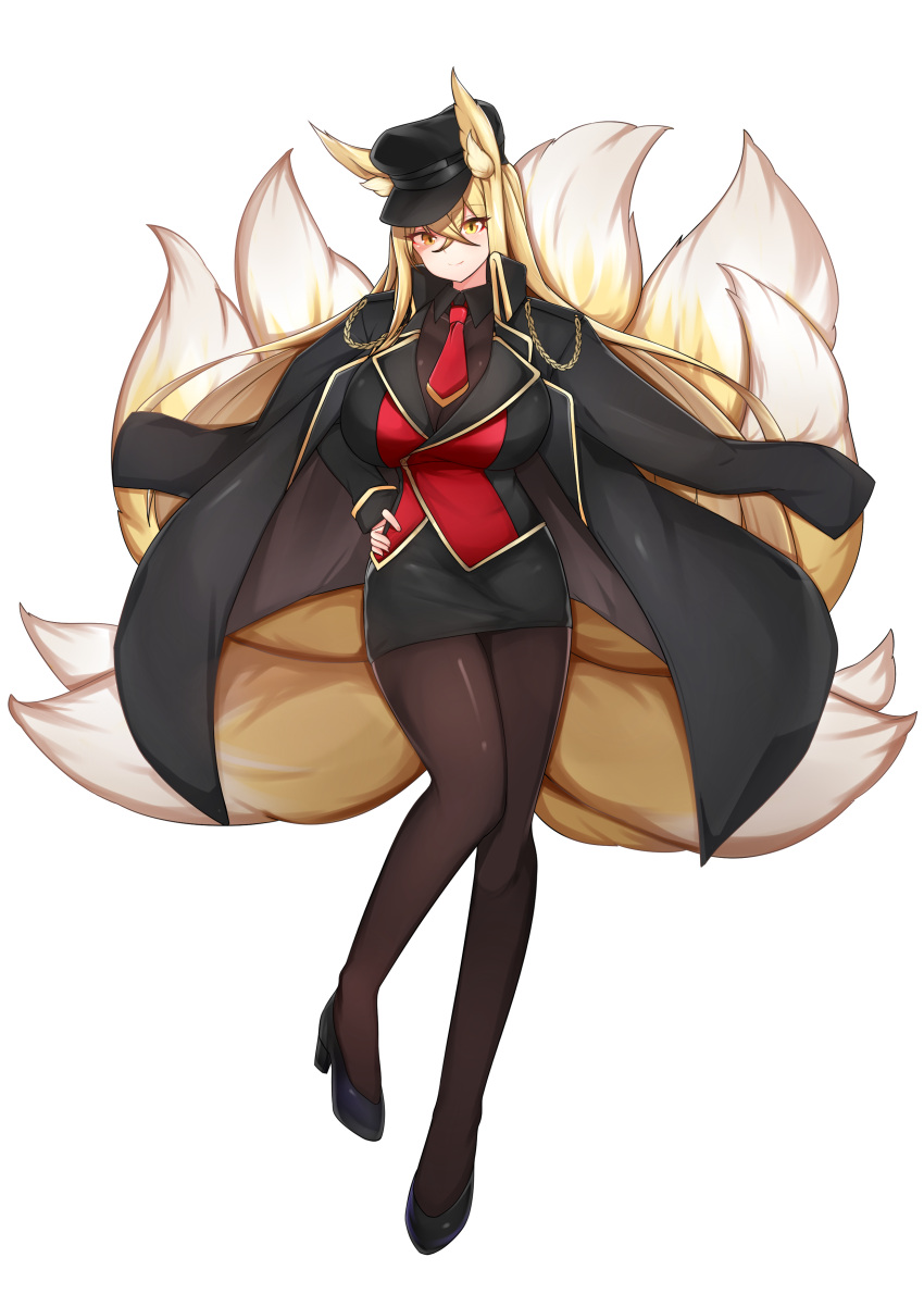 1girl absurdres animal_ear_fluff animal_ears bangs black_legwear blonde_hair breasts crossed_bangs fox_ears fox_girl hat heavenly_hirume high_heels highres huge_breasts jacket jacket_on_shoulders kitsune kumiho kyuubi last_origin mapyarong multiple_tails necktie pantyhose simple_background smile tail white_background yellow_eyes