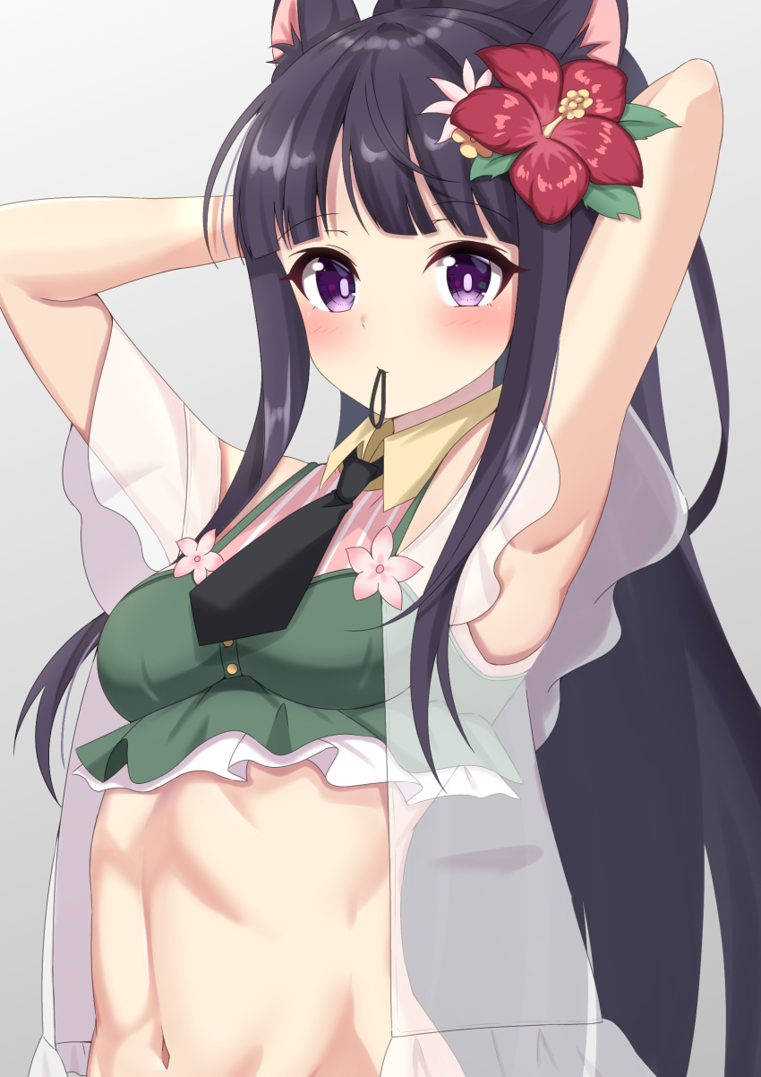 1girl animal_ear_fluff animal_ears armpits arms_behind_head bangs bare_shoulders bikini blunt_bangs blush breasts commentary_request extra_ears eyebrows_visible_through_hair flower green_bikini groin hair_flower hair_ornament hair_tie_in_mouth highres kasumi_(princess_connect!) long_hair looking_at_viewer midriff mouth_hold nanao_(naoekaki25) navel official_alternate_costume princess_connect! princess_connect!_re:dive purple_eyes purple_hair sheer_clothes sidelocks simple_background small_breasts solo standing swimsuit tankini tying_hair upper_body very_long_hair white_background