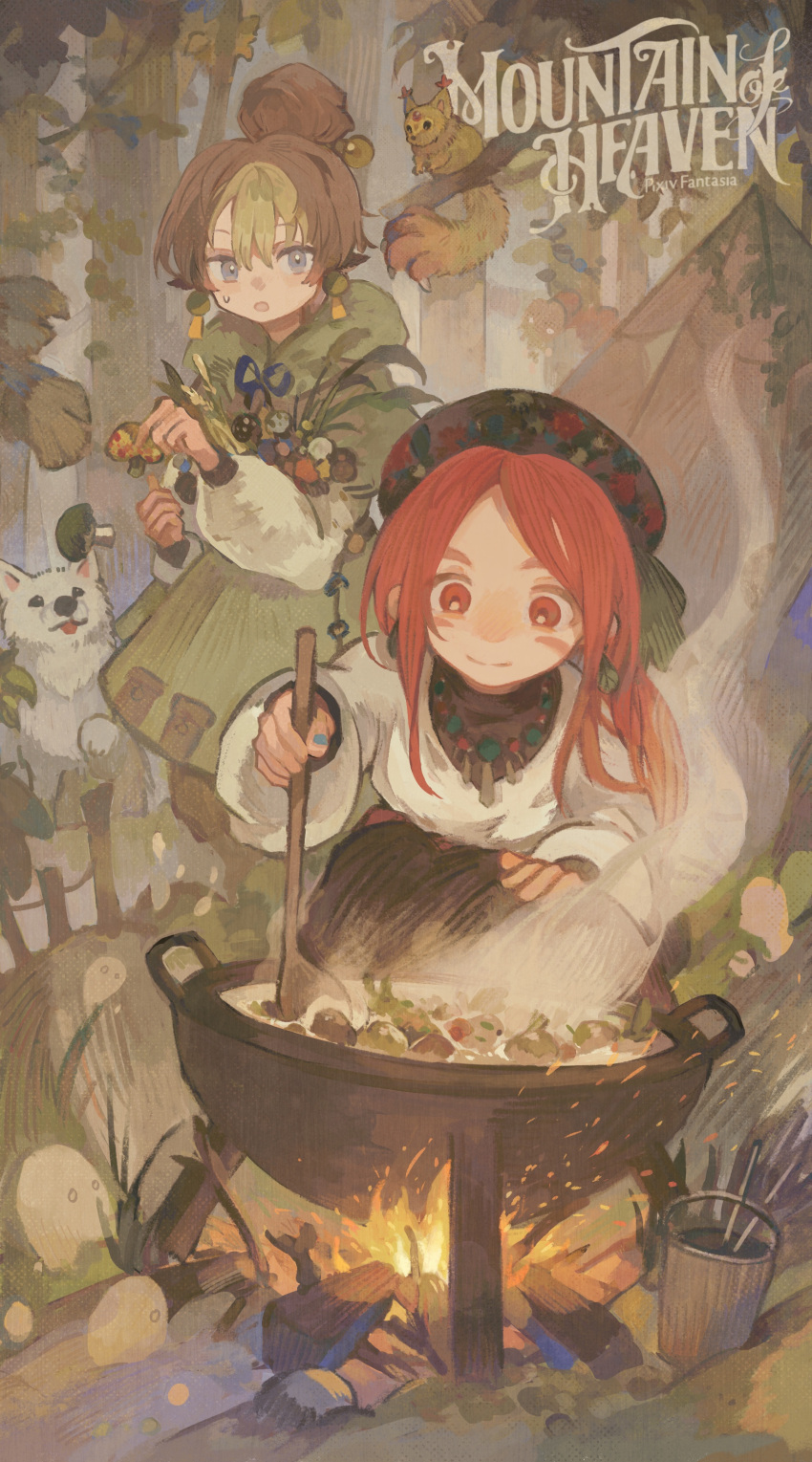 1boy 1girl absurdres agneta_(mountain_of_heaven) animal animal_ears blonde_hair blue_eyes brown_hair bucket copyright_name dog fire forest hair_bun highres jewelry juneliu927 long_hair luo_(mountain_of_heaven) multicolored_hair mushroom nature necklace outdoors pixiv_fantasia pixiv_fantasia_mountain_of_heaven pot red_eyes red_hair short_hair spoon steam stew sweat tent two-tone_hair