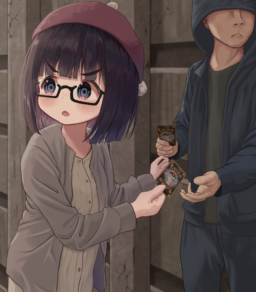 1boy 1girl bangs beanie black-framed_eyewear black_hair black_jacket black_pants blue_eyes blush brown_headwear card closed_mouth commentary_request dress eyebrows_visible_through_hair glasses grey_jacket hat highres holding holding_card hood hood_up hooded_jacket jacket long_sleeves mimikaki_(men_bow) open_clothes open_jacket open_mouth original pants pokemon semi-rimless_eyewear trading trading_card under-rim_eyewear v-shaped_eyebrows white_dress