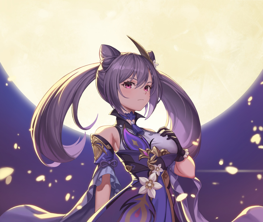 1girl absurdres bare_shoulders breasts detached_sleeves double_bun dress frilled_dress frilled_sleeves frills full_moon genshin_impact gloves hair_bun hand_on_own_chest highres keqing_(genshin_impact) medium_breasts moon night night_sky nolan purple_eyes purple_hair sideboob sky solo twintails upper_body