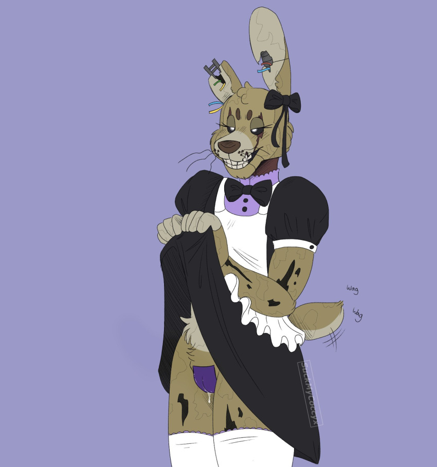 2021 animal_genitalia animatronic anthro apron bedroom_eyes black_sclera blue_background bodily_fluids bow_tie brown_body brown_ears brown_fur brown_nose brown_tail clothed clothing clothing_lift crossdressing cum cum_in_slit cum_inside cum_on_slit cum_string ear_bow eyelashes five_nights_at_freddy's five_nights_at_freddy's_3 fur genital_fluids genital_slit genitals girly half-closed_eyes hi_res lagomorph legwear leporid long_ears long_whiskers machine maid_uniform male mammal mostly_nude motion_lines multicolored_body multicolored_ears multicolored_fur multicolored_tail narrowed_eyes notched_ear orgasm presenting_slit purple_slit rabbit robot seductive short_tail simple_background slit smile solo springtrap_(fnaf) standing stockings suckmycoccyx tailwag tan_body tan_ears tan_fur tan_tail teeth thick_thighs torn_arm torn_leg uniform video_games whiskers white_eyes wire