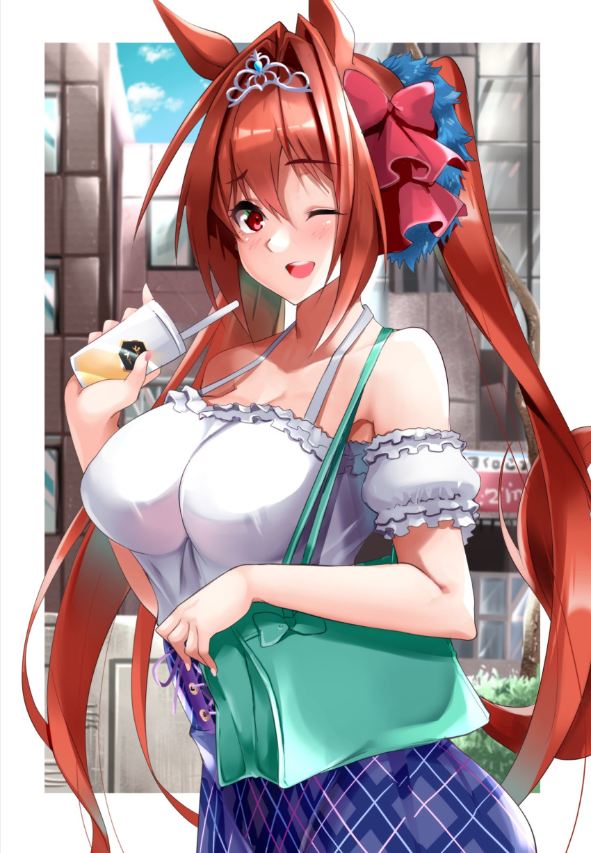 1girl animal_ears bangs bare_shoulders blush breasts brown_hair cleavage collarbone daiwa_scarlet fang hair_intakes highres horse_ears horse_girl horse_tail large_breasts long_hair looking_at_viewer open_mouth red_eyes sezoku smile tail tiara twintails umamusume very_long_hair