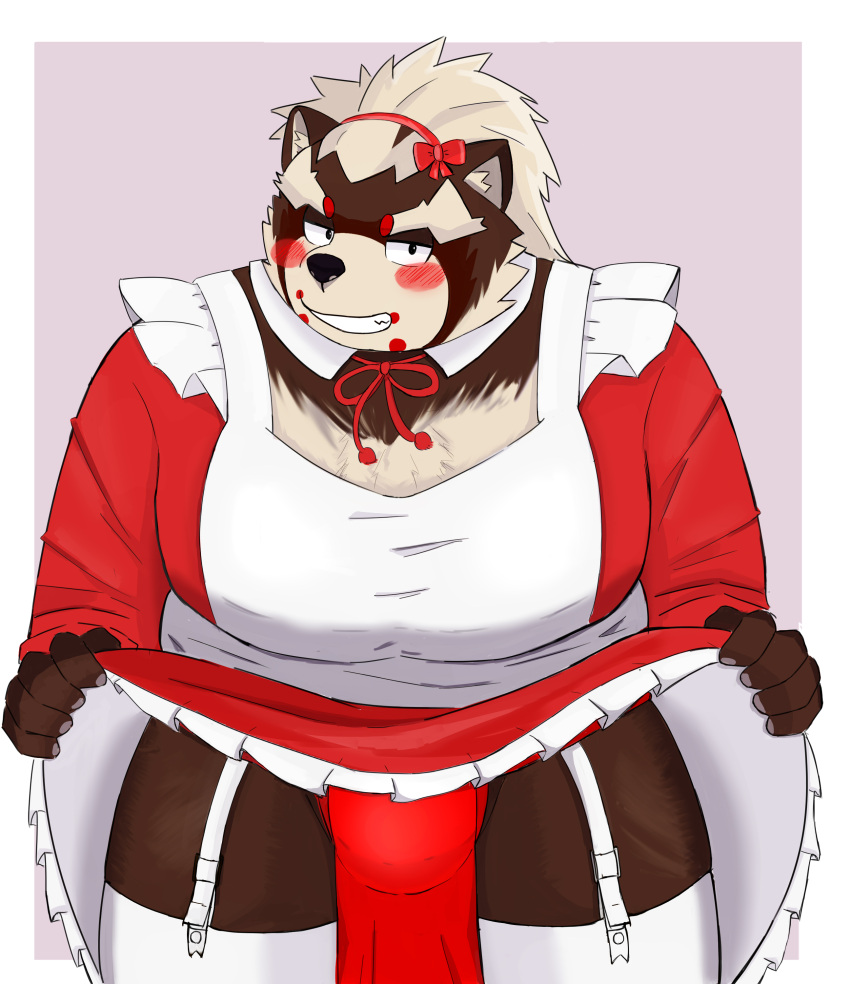 2021 9dtq0 absurd_res anthro asian_clothing blush brown_body brown_fur bulge canid canine clothed clothing crossdressing east_asian_clothing fundoshi fur goemon_(tas) hi_res japanese_clothing kemono maid_uniform male mammal overweight overweight_male raccoon_dog solo tanuki tokyo_afterschool_summoners underwear uniform video_games