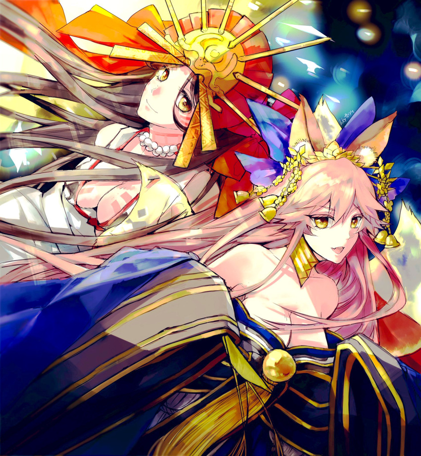 2girls animal_ear_fluff animal_ears artist_request bead_necklace beads bell blue_kimono blue_ribbon body_markings breasts brown_hair cleavage closed_eyes collarbone eyebrows_visible_through_hair facial_mark fate/extella fate/extra fate/grand_order fate_(series) forehead forehead_mark fox_ears fox_girl fox_tail hair_ribbon highres himiko_(fate) japanese_clothes jewelry kimono large_breasts long_hair magatama magatama_necklace multiple_girls necklace no_bra off_shoulder open_mouth pink_hair ribbon sash tail tamamo_(fate)_(all) tamamo_no_mae_(fate) topknot very_long_hair yellow_eyes