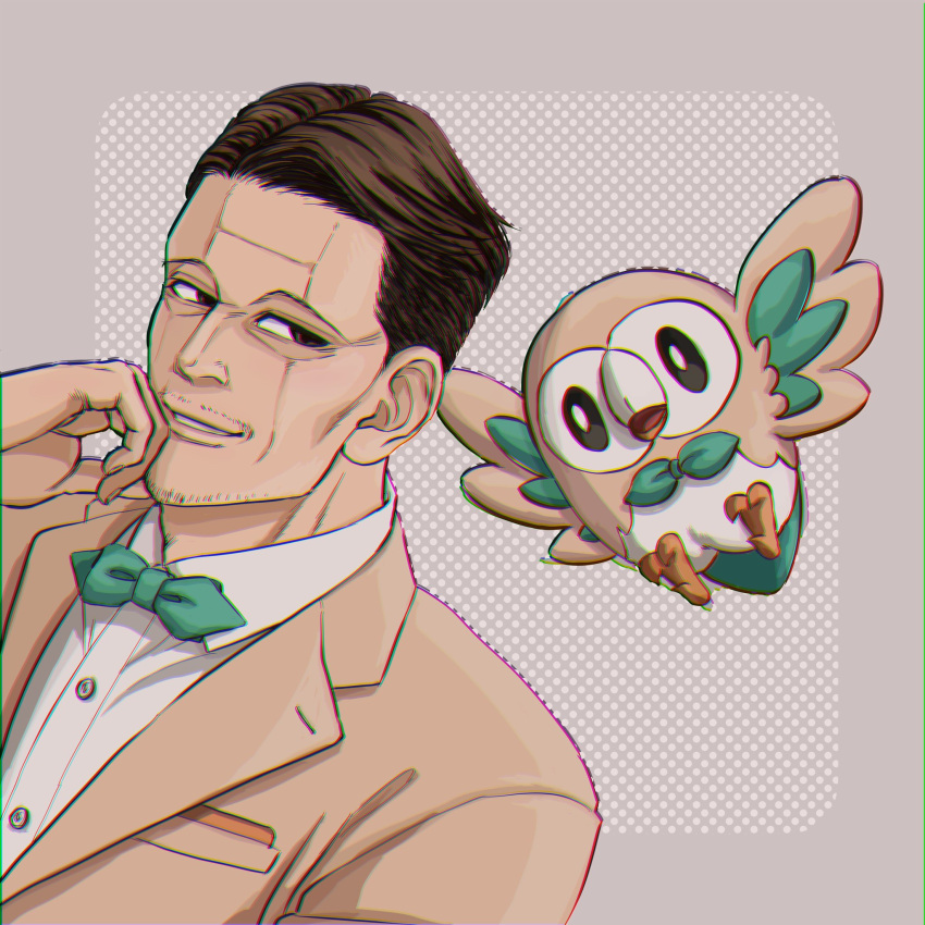 1boy 3kaku_mimi bow bowtie brown_eyes brown_hair buttons chromatic_aberration collared_shirt commentary crossover facial_hair gen_7_pokemon golden_kamuy green_neckwear hand_up highres jacket kikuta_mokutaro looking_back male_focus parted_lips pokemon pokemon_(creature) rowlet shirt short_hair smile starter_pokemon white_shirt