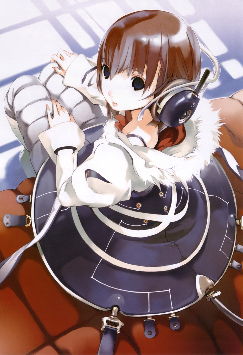 absurdres blue_eyes boots brown_hair from_above fur girl's_avenue headphones highres houden_eizou knee_boots long_sleeves looking_back looking_up megami non-web_source original short_hair sitting skirt solo