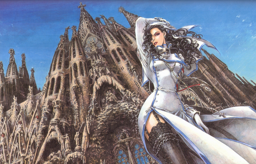 arm_up barcelona black_eyes black_hair black_legwear church collar cross cross_fleury curly_hair day dress earrings eyeshadow garter_straps garters gloves habit hair_over_one_eye highres jewelry la_sagrada_familia lace lace-trimmed_thighhighs latin_cross lipstick long_hair makeup necklace noelle_bor nun official_art outdoors pendant real_world_location scan shibamoto_thores side_slit skin_tight sky solo spain standing thighhighs trinity_blood