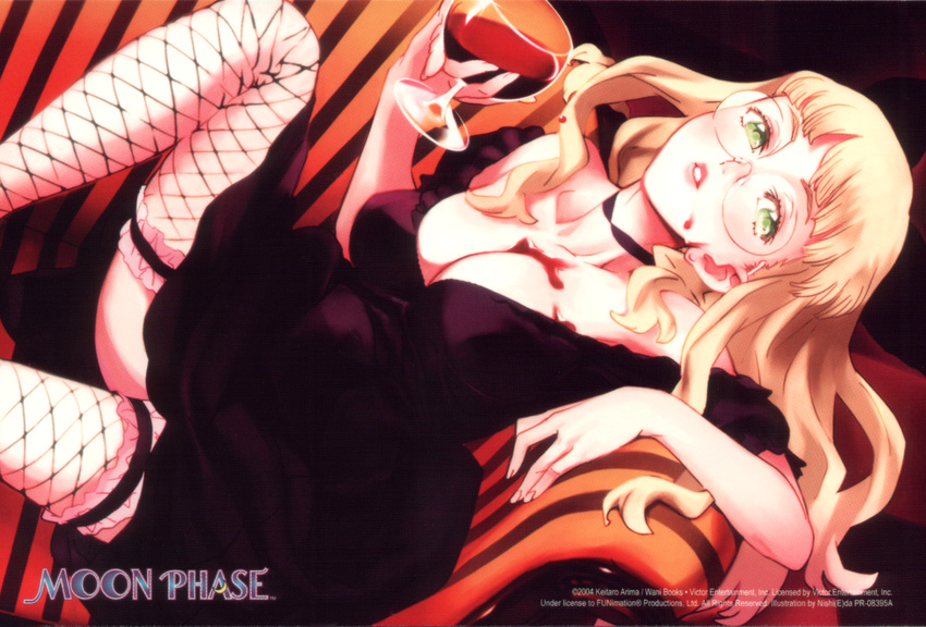 blonde_hair breasts choker cleavage couch dress elfriede end_card fishnet_legwear fishnets garters glasses green_eyes high_heels highres large_breasts long_hair nishieda shoes sitting solo thighhighs tsukuyomi_moonphase
