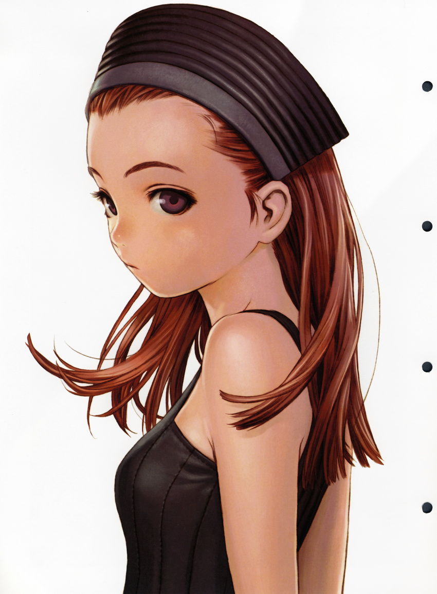 absurdres arms_behind_back bare_shoulders breasts brown_eyes brown_hair closed_mouth dress form_code from_side hair_slicked_back headdress highres long_hair looking_at_viewer murata_renji pout red_hair ribbed_dress scan simple_background sleeveless small_breasts solo straight_hair upper_body white_background