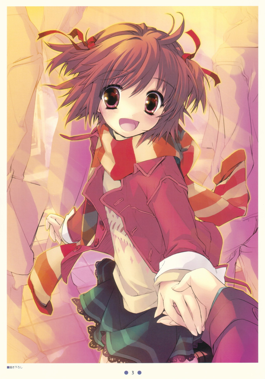 :d brown_hair gotou_nao hair_ribbon highres holding_hands jacket long_sleeves looking_at_viewer open_mouth original out_of_frame pov pov_hands red_eyes ribbon scan scarf skirt smile solo_focus striped striped_scarf tile_floor tiles two_side_up