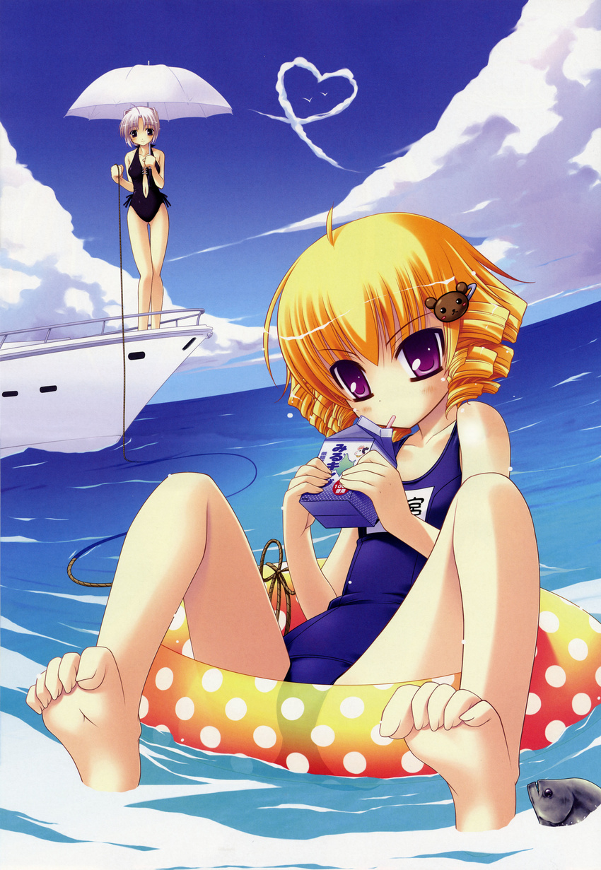 2girls barefoot feet female fish fixed fujikura_itsuki highres inugahora_an multiple_girls nakiusa ocean school_swimsuit soles swimsuit swimsuits toe_scrunch toes tsunagaru?bangle tsunagaru_bangle tsunomiya_shizuku umbrella windmill