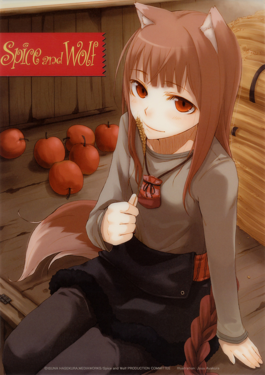 absurdres animal_ears apple ayakura_juu brown_hair food fruit highres holo long_hair red_eyes solo spice_and_wolf tail wheat wolf_ears