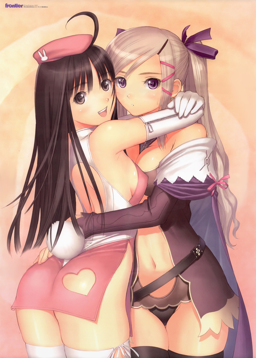 absurdres ahoge ass back bare_shoulders belt beret black_hair black_legwear blush breast_press breasts bridal_gauntlets bunny_tail cape center_opening cleavage dress elbow_gloves fantasy gloves hair_ornament hair_ribbon hairclip hat heart highres hug long_hair looking_back medium_breasts multiple_girls navel no_panties non-web_source off_shoulder open_mouth original pink_eyes ponytail purple_eyes ribbon short_dress sideboob silver_hair smile symmetrical_docking tail tanaka_takayuki thighhighs twintails white_legwear yuri zettai_ryouiki zipper