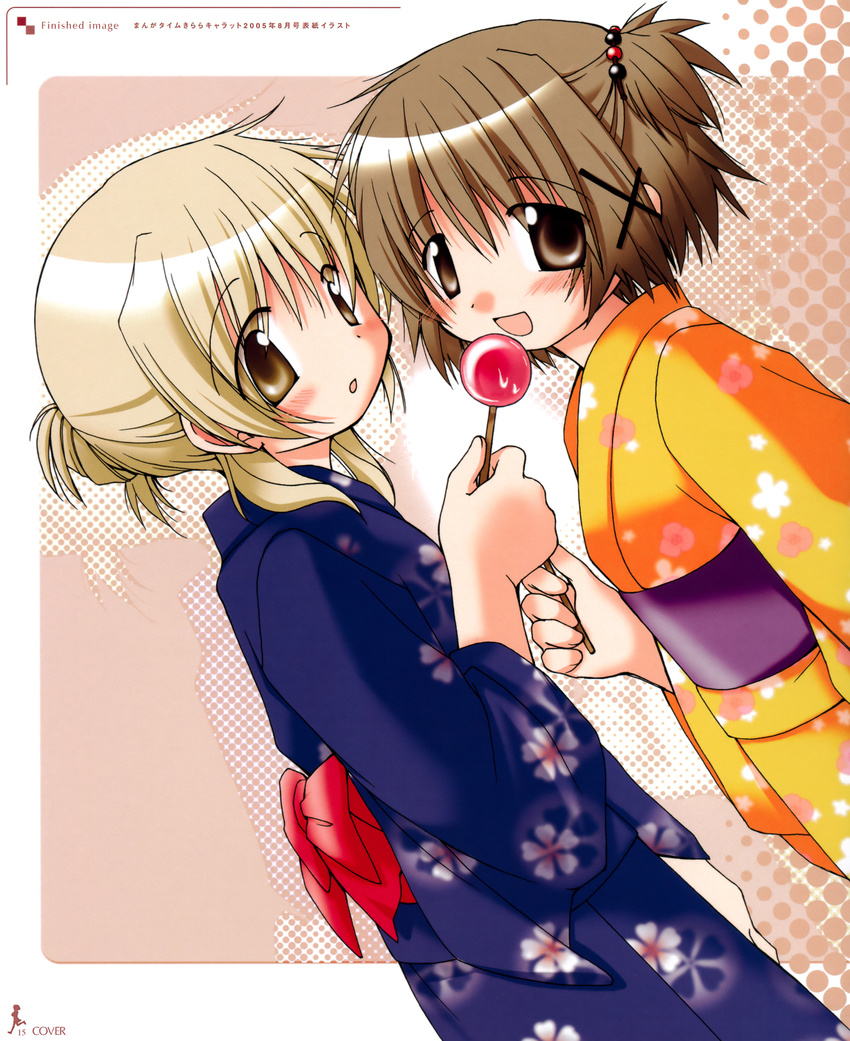 absurdres aoki_ume blue_kimono candy_apple floral_print food hair_ornament hidamari_sketch highres japanese_clothes kimono miyako multiple_girls official_art orange_kimono print_kimono scan x_hair_ornament yukata yuno