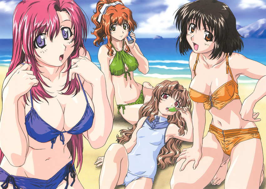 :d :o armpits barefoot beach bikini black_hair blush bow breasts brown_eyes brown_hair can casual_one-piece_swimsuit cleavage cleavage_cutout cloud day embarrassed feet flat_chest food front-tie_top green_eyes hair_bow hand_on_hip herikawa_koishi highres kazami_mizuho kneeling large_breasts long_hair lying misumi_kaede morino_ichigo mountain multiple_girls navel on_back one-piece_swimsuit onegai_teacher open_mouth orange_hair outdoors pink_eyes pink_hair ponytail popsicle purple_eyes scan short_hair side-tie_bikini sitting sky smile swimsuit uon_taraku water wavy_hair zipper