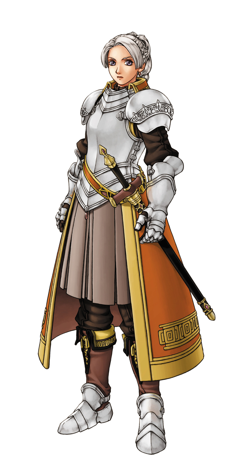 absurdres armor armored_dress boots braid chris_lightfellow french_braid full_body gauntlets gem gensou_suikoden gensou_suikoden_iii highres ishikawa_fumi knee_boots lips lipstick makeup official_art pleated_skirt purple_eyes sheath silver_hair simple_background single_braid skirt solo standing sword weapon white_background