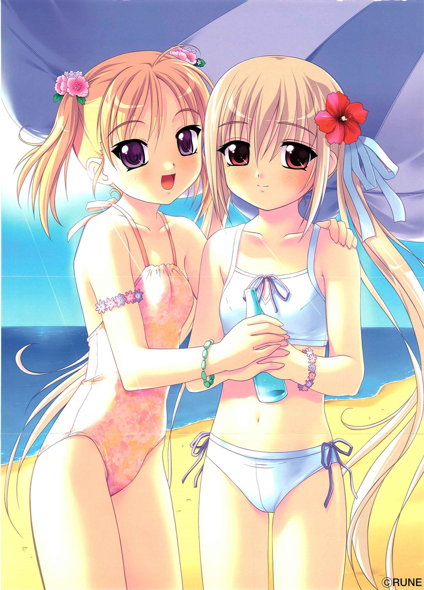 absurdres beach bikini blonde_hair bottle day flat_chest flower hatsukoi hatsushima_anzu hibiscus highres long_hair multiple_girls nonohara_miki ocean outdoors purple_eyes red_eyes ribbon shiina_yusumi short_hair side-tie_bikini swimsuit tankini twintails