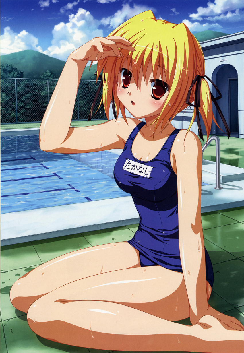 1girl :o barefoot blonde_hair blush chain-link_fence cloud clover_point fence fixed highres hill name_tag one-piece_swimsuit open_mouth outdoors pool pool_ladder poolside red_eyes school_swimsuit shading_eyes short_hair short_twintails sitting sky solo swimsuit swimsuits takanashi_yaya tree twintails wariza water wet yuyi