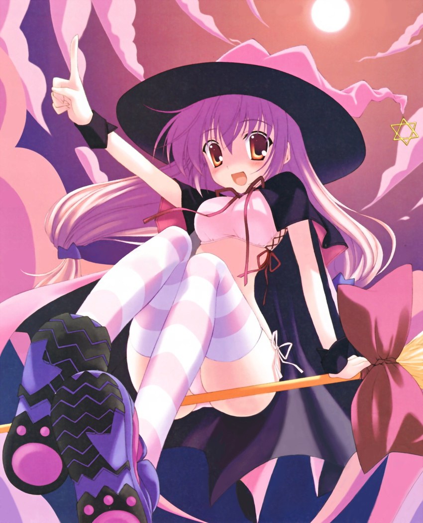 :d ankle_boots arm_support bangs bishoujo_purimoba blush boots bow bra broom broom_riding cape cloud fisheye floating_hair flying foreshortening from_below full_moon hair_between_eyes hat hexagram highres long_hair low-tied_long_hair moon nanao_naru night night_sky open_mouth orange_eyes outdoors outstretched_arm panties paw_print pink_bra pink_hair pink_legwear pink_panties pointing ribbon scrunchie side-tie_panties sitting sky smile solo striped striped_legwear thighhighs twintails underwear underwear_only white_legwear witch witch_hat wrist_cuffs