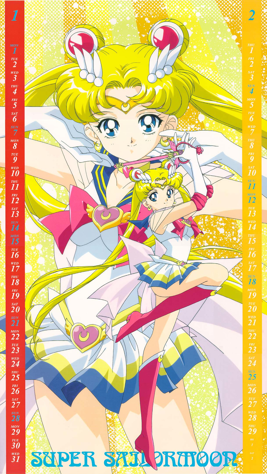 1girl 90s back_bow bishoujo_senshi_sailor_moon blonde_hair blue_eyes blue_sailor_collar boots bow calendar_(medium) character_name choker crescent_moon double_bun earrings elbow_gloves february gloves hair_ornament heart heart_choker highres holding holding_wand itou_ikuko january jewelry kaleidomoon_scope knee_boots legs long_hair magical_girl moon multicolored multicolored_clothes multicolored_skirt official_art pleated_skirt pose red_bow sailor_collar sailor_moon sailor_senshi_uniform scepter skirt smile solo super_sailor_moon tiara tsukino_usagi twintails very_long_hair wand white_gloves yellow_choker