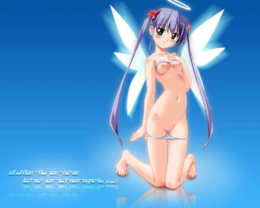 angel angel_wings arms_behind_back bangs barefoot blue_background blush bow bow_bra bow_panties bra bra_lift breasts character_name copyright_name djibril_aries feet full_body glowing glowing_wings gradient gradient_background green_eyes hair_ribbon halo hand_on_own_chest head_tilt jinno_hikari jpeg_artifacts kneeling knees_together_feet_apart kuuchuu_yousai lavender_hair light_smile long_hair looking_at_viewer magical_girl makai_tenshi_djibril makai_tenshi_djibril_2 navel nipples no_pussy nude official_art panties panty_pull reflection ribbon sidelocks slender_waist small_breasts smile solo strapless strapless_bra thigh_gap tiptoes twintails underwear underwear_only very_long_hair wallpaper white_bra white_panties wings