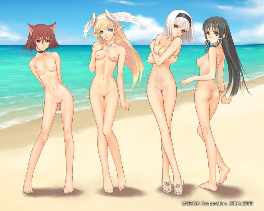 animal_ears beach blanc_neige breasts cat_ears crossed_legs day elwing mao_(shining_tears) medium_breasts multiple_girls nipples nude nude_filter ryuuna_(shining_tears) shining_(series) shining_tears sky tanaka_takayuki third-party_edit watson_cross