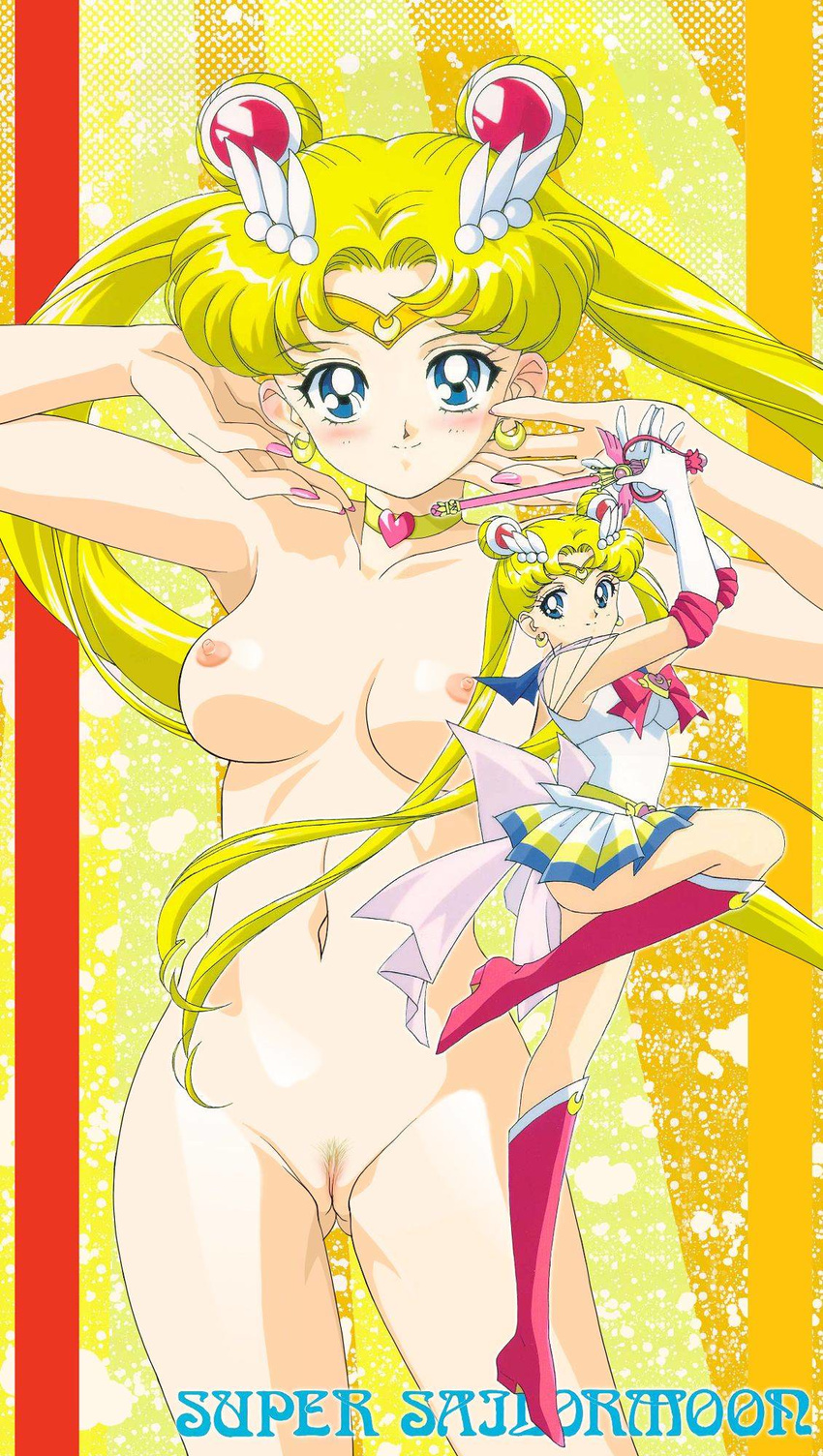 armpits bishoujo_senshi_sailor_moon blonde_hair blue_eyes blush boots breasts calendar_(medium) choker earrings elbow_gloves gloves highres jewelry large_breasts long_hair magical_girl miniskirt nail_polish nipples nude nude_filter pubic_hair pussy sailor_moon school_uniform skirt smile solo super_sailor_moon third-party_edit tiara tsukino_usagi twintails uncensored very_long_hair wand