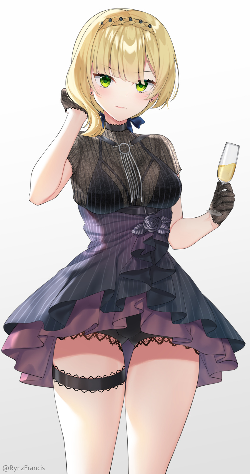 1girl absurdres artist_name black_bra black_choker black_gloves blonde_hair blush bra bra_strap bra_through_clothes braid breasts choker closed_mouth commentary_request cup dress dress_flower drinking_glass ear_piercing eyebrows_visible_through_hair french_braid girls_frontline gloves green_eyes hand_in_hair highres holding holding_cup looking_at_viewer medium_breasts medium_hair piercing purple_dress rynzfrancis solo standing underwear welrod_mk2_(girls_frontline) white_background wine_glass