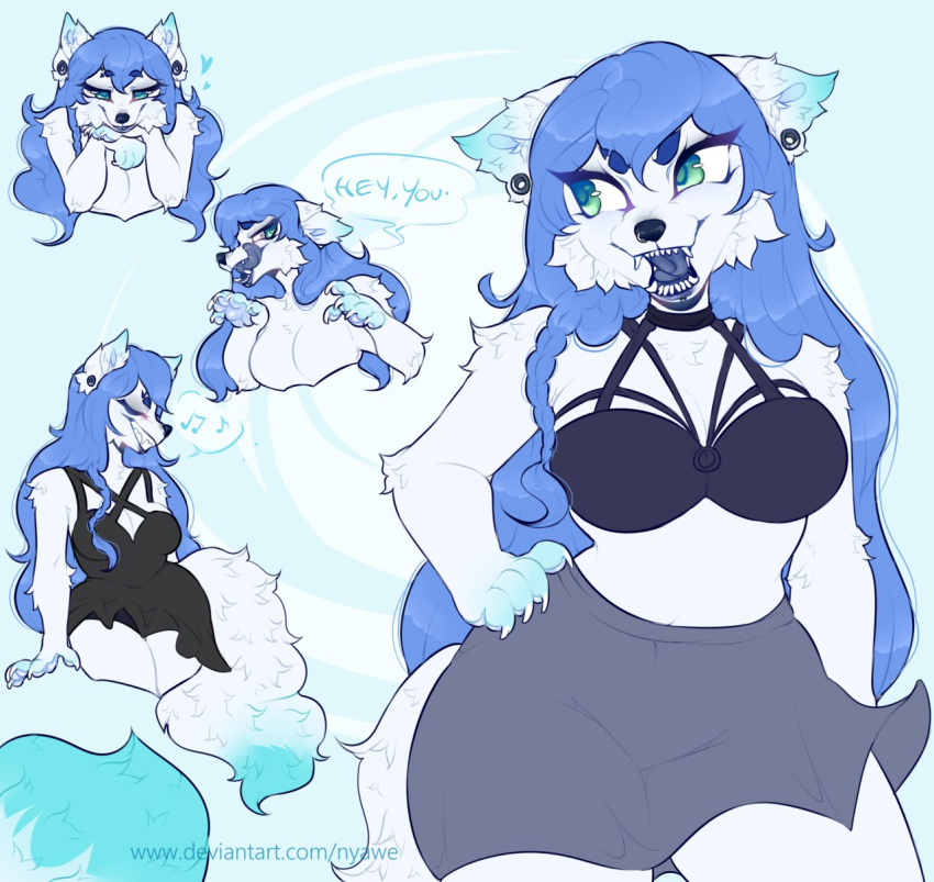 &lt;3 2019 abstract_background anthro arctic_fox arm_tuft big_breasts biped black_clothing black_dress blue_background blue_body blue_bra blue_clothing blue_eyebrows blue_eyes blue_fur blue_hair blue_inner_ear blue_lips blue_nose blue_tail blue_tongue blue_underwear bottomwear bra breasts bust_portrait canid canine cheek_tuft claws clothed clothing dark_bra dark_nose dialogue digital_drawing_(artwork) digital_media_(artwork) dress ear_piercing elbow_tufts english_text eyebrows eyes_closed facial_piercing facial_tuft featureless_breasts female fluffy fluffy_tail fox front_view fur grey_bottomwear grey_clothing grey_skirt hair half-closed_eyes hand_on_hip head_on_hand hi_res ichiigoneko licking lip_piercing lips long_hair looking_at_viewer looking_away mammal multicolored_body multicolored_fur musical_note narrowed_eyes nose_piercing open_mouth piercing portrait self_lick shoulder_tuft simple_background sketch_page skirt smile solo speech_bubble standing teeth text thick_thighs three-quarter_portrait tongue tongue_out tuft two_tone_body two_tone_fur underwear url white_body white_claws white_fur white_tail