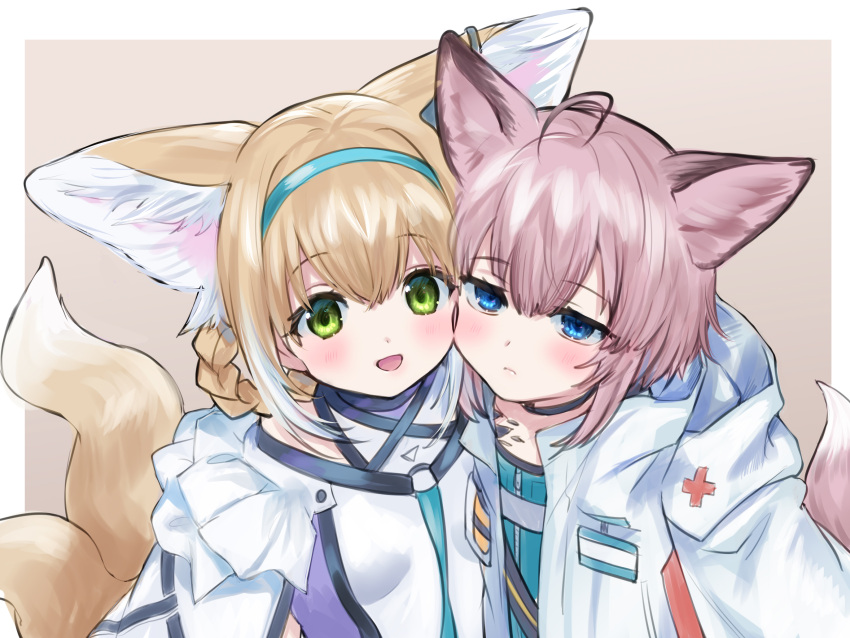 2girls ahoge animal_ear_fluff animal_ears arknights bangs bare_shoulders blue_eyes blue_hairband braid breasts brown_background cheek-to-cheek commentary_request eyebrows_visible_through_hair fox_ears fox_girl fox_tail green_eyes hair_between_eyes hair_rings hairband highres hood hood_down hooded_jacket jacket kakizato kitsune light_brown_hair multicolored_hair multiple_girls open_clothes open_jacket pink_hair shirt small_breasts sussurro_(arknights) suzuran_(arknights) tail two-tone_background two-tone_hair white_background white_hair white_jacket white_shirt