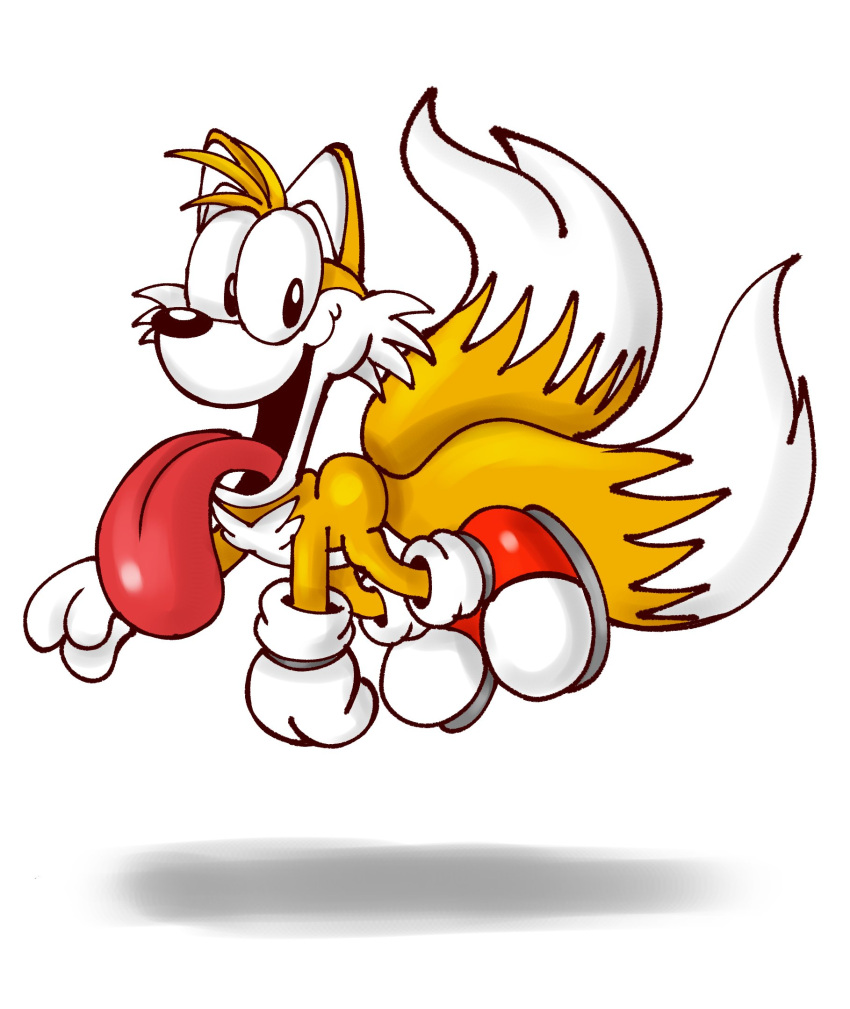 2020 anthro canid canine canis clarissa_arts clothing domestic_dog flying footwear fox fur garfield_(series) gloves handwear hi_res humor hybrid male mammal miles_prower odie_the_dog open_mouth parody shoes simple_background solo sonic_the_hedgehog_(series) style_parody tongue tongue_out what what_has_science_done yellow_body yellow_fur