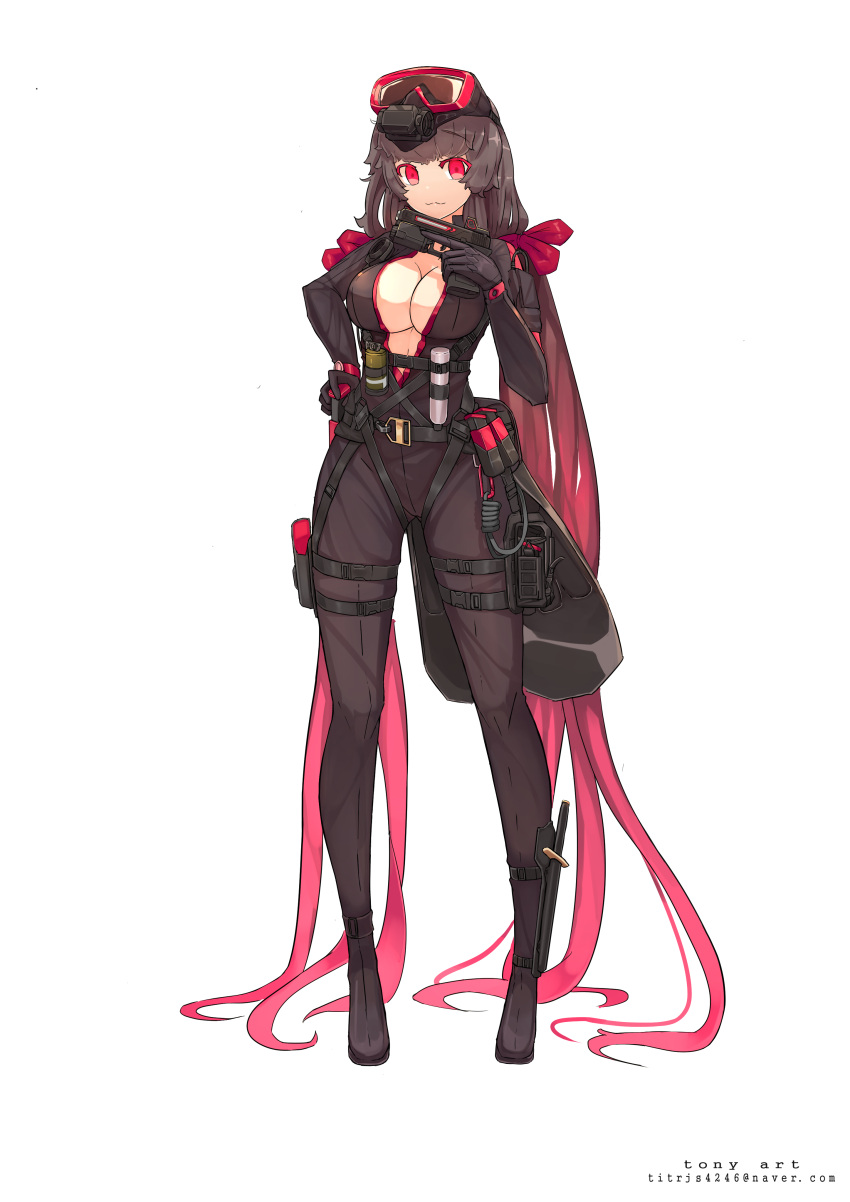 1girl absurdly_long_hair absurdres adapted_costume breasts brown_hair cleavage girls_frontline glock_17 glock_17_(girls_frontline) gradient_hair gun handgun highres large_breasts long_hair multicolored_hair red_eyes red_hair solo tonys very_long_hair weapon