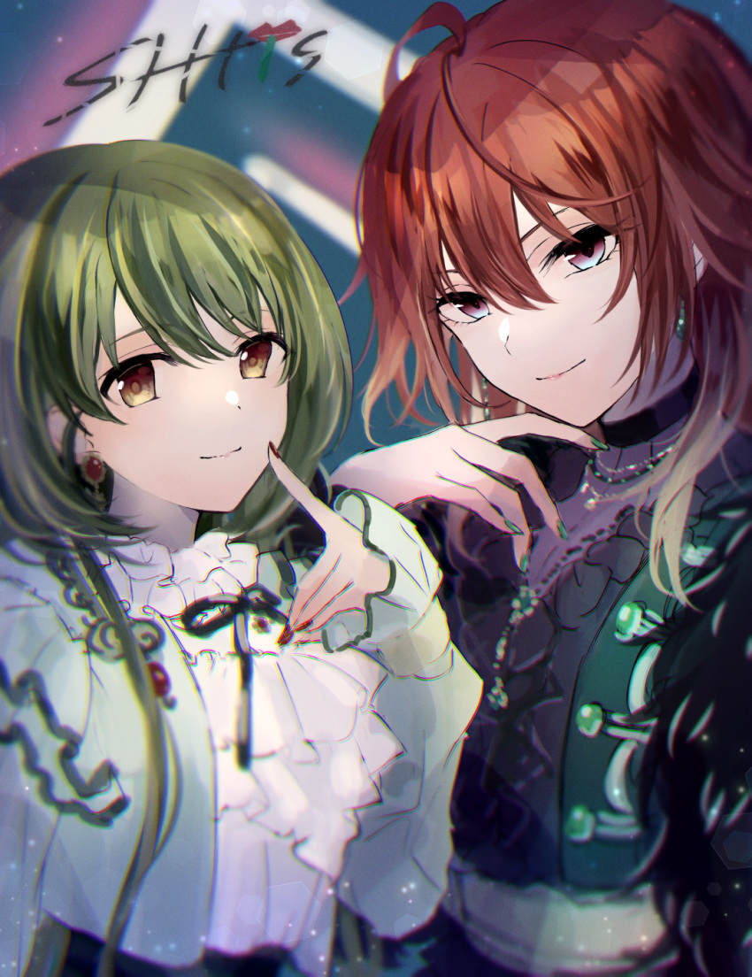 2girls aketa_mikoto blonde_hair earrings green_hair highres idolmaster idolmaster_shiny_colors jewelry kumano09_(yaecha0) lace-trimmed_sleeves lace_trim light_smile long_hair looking_at_viewer manicure multicolored_hair multiple_girls nanakusa_nichika neck_ribbon necklace red_hair ribbon ribbon-trimmed_collar ribbon_trim shhis_(idolmaster) smile upper_body