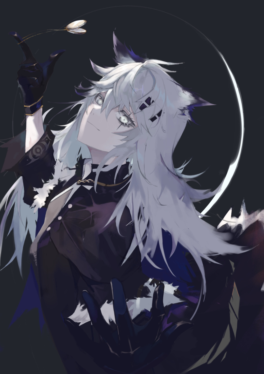 1girl animal_ears arknights black_background black_coat black_dress black_gloves breasts closed_mouth coat commentary dress finger_twirl fur-trimmed_coat fur_trim gloves hair_between_eyes hair_ornament hairclip highres lappland_(arknights) lappland_(refined_horrormare)_(arknights) light_smile long_hair looking_at_viewer medium_breasts mm30212 open_clothes open_coat outstretched_hand pocket_watch scar scar_across_eye silver_eyes simple_background smile solo upper_body watch white_hair wolf_ears