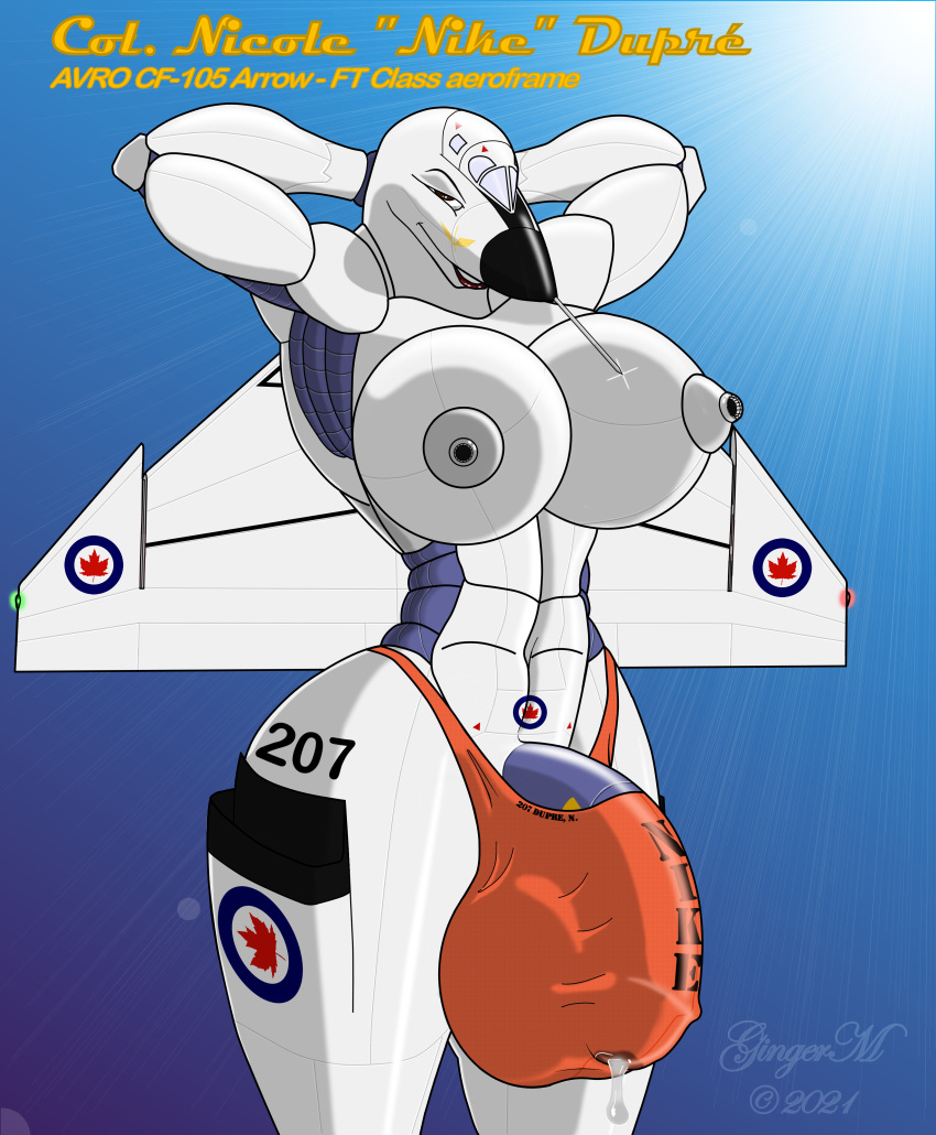 2021 absurd_res air_force aircraft anthro avro_arrow balls bodily_fluids breasts canada clothing cum genital_fluids genitals gingerm gynomorph hi_res hyper intersex living_aircraft living_machine living_vehicle machine military nike_(gingerm) nipples officer penis pinup pose rank rcaf solo thong underwear vehicle