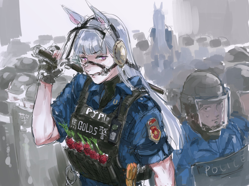 2girls animal_ears baton black_gloves blush clenched_teeth cuffs fingerless_gloves gloves gold_ship handcuffs helmet highres horse_ears long_hair looking_at_viewer mask multiple_girls osakana_(denpa_yun'yun) purple_eyes riot_shield silver_hair sketch solo_focus sweatdrop teeth umamusume